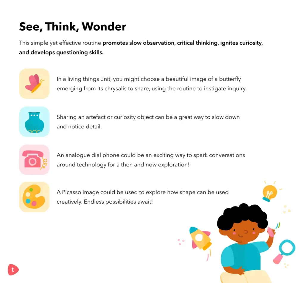 An image showing the different ways that the thinking routine See Think Wonder can be used for documentation in the early years